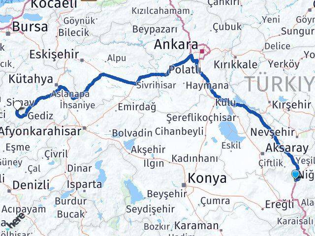 Niğde Şaphane Kütahya Arası Kaç Km - Yol Haritası