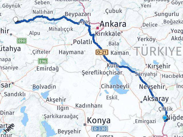 Niğde Sarıcakaya Eskişehir Arası Kaç Km - Yol Haritası