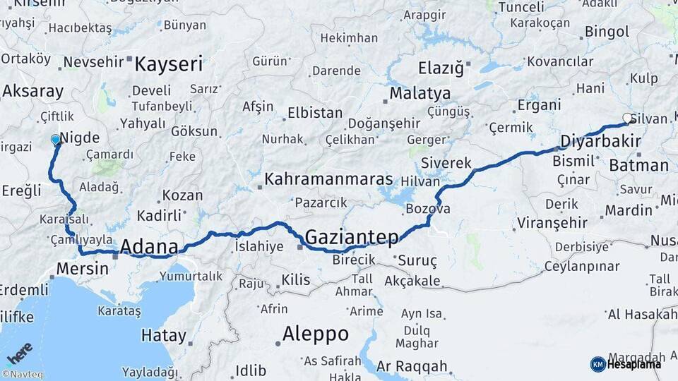 Niğde Silvan Diyarbakır Arası Kaç Km - Yol Haritası