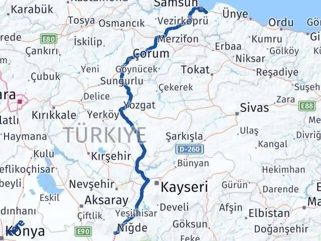 Niğde Tekkeköy Samsun Arası Kaç Km - Yol Haritası