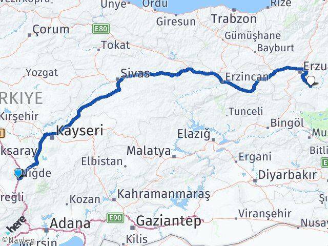 Niğde Tekman Erzurum Arası Kaç Km - Yol Haritası