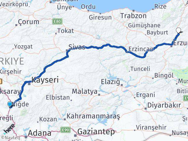 Niğde Tortum Erzurum Arası Kaç Km - Yol Haritası