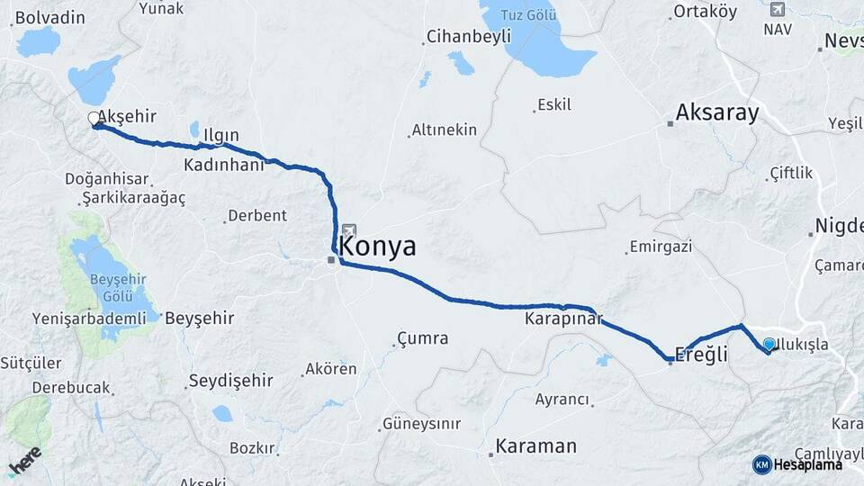 Niğde Ulukışla Akşehir Konya Arası Kaç Km - Yol Haritası
