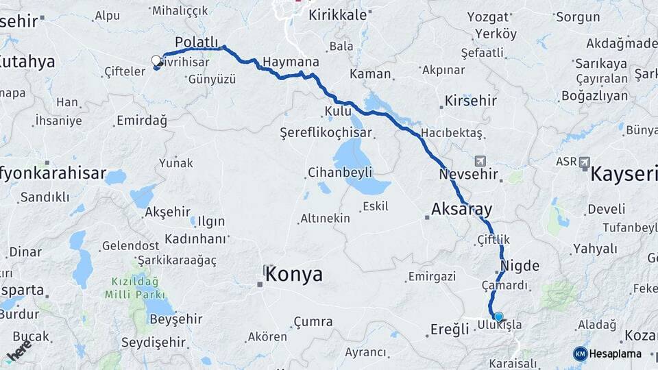 Niğde Ulukışla Gedelli Sivrihisar Eskişehir Arası Kaç Km - Yol Haritası