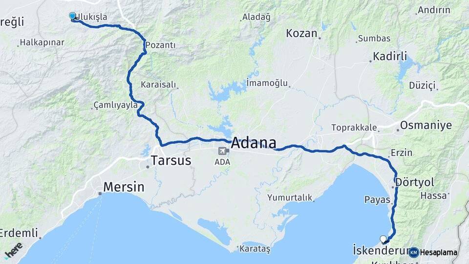 Niğde Ulukışla İskenderun Hatay Arası Kaç Km - Yol Haritası
