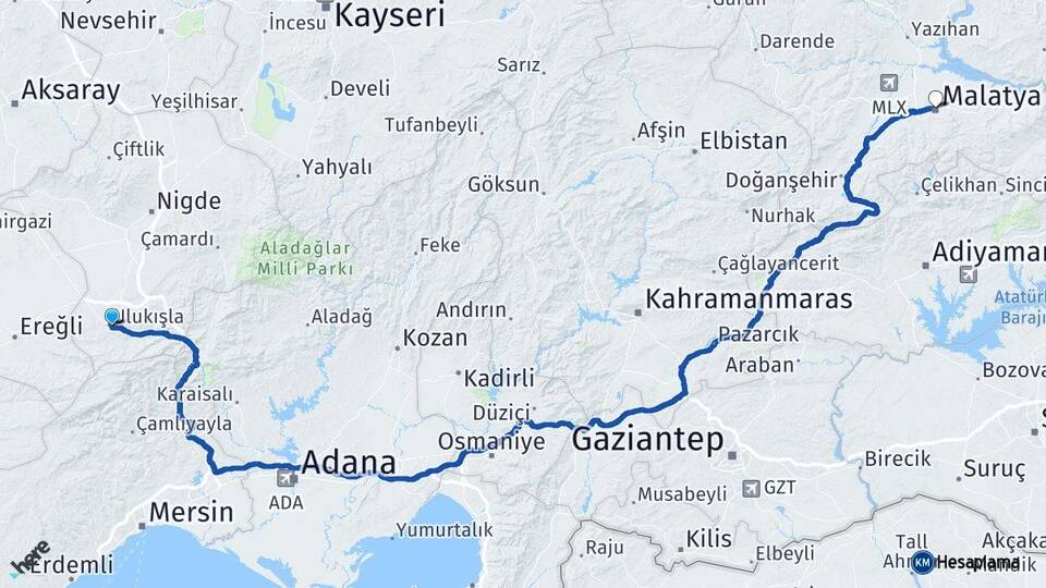 Niğde Ulukışla Malatya Arası Kaç Km - Yol Haritası