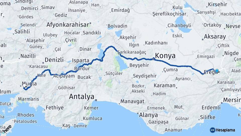 Niğde Ulukışla Muğla Arası Kaç Km - Yol Haritası