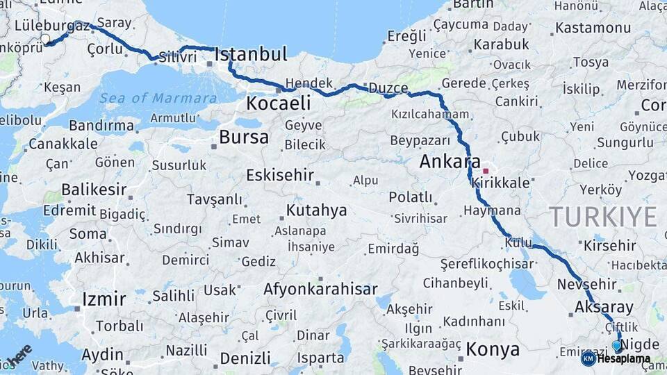 Niğde Uzunköprü Edirne Arası Kaç Km - Yol Haritası