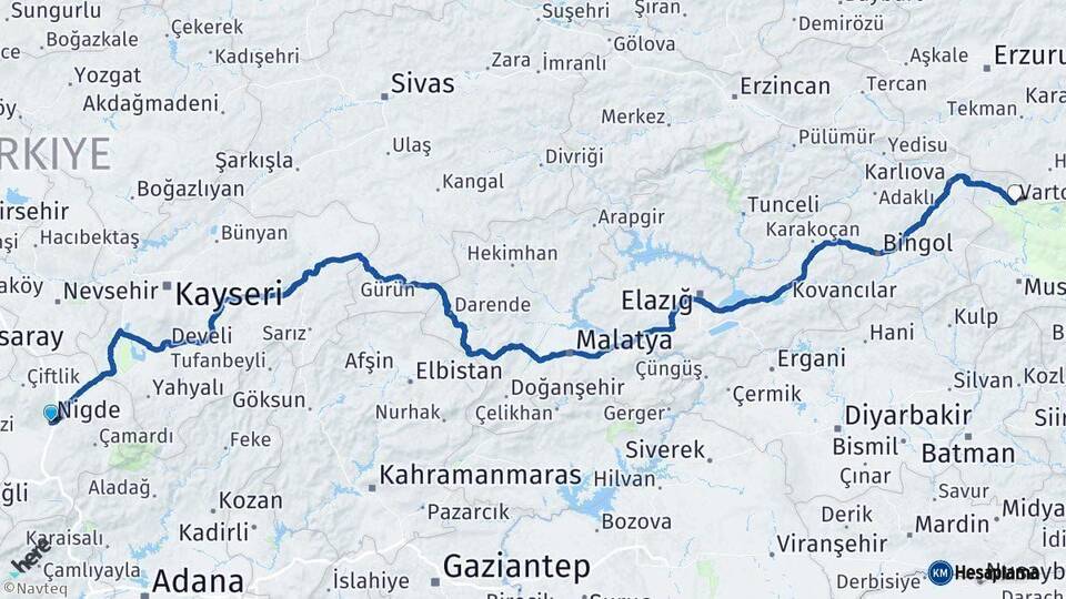 Niğde Varto Muş Arası Kaç Km - Yol Haritası