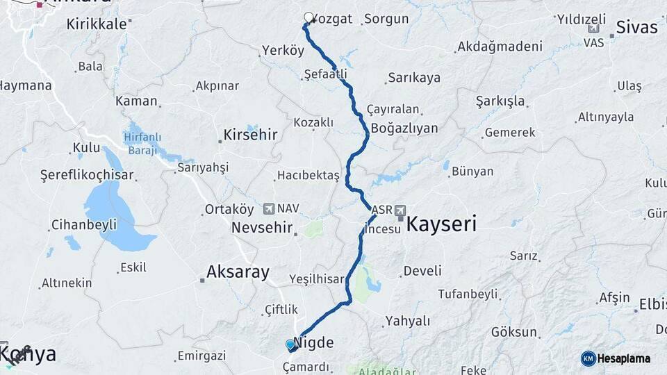 Niğde Yozgat Arası Kaç Km - Yol Haritası