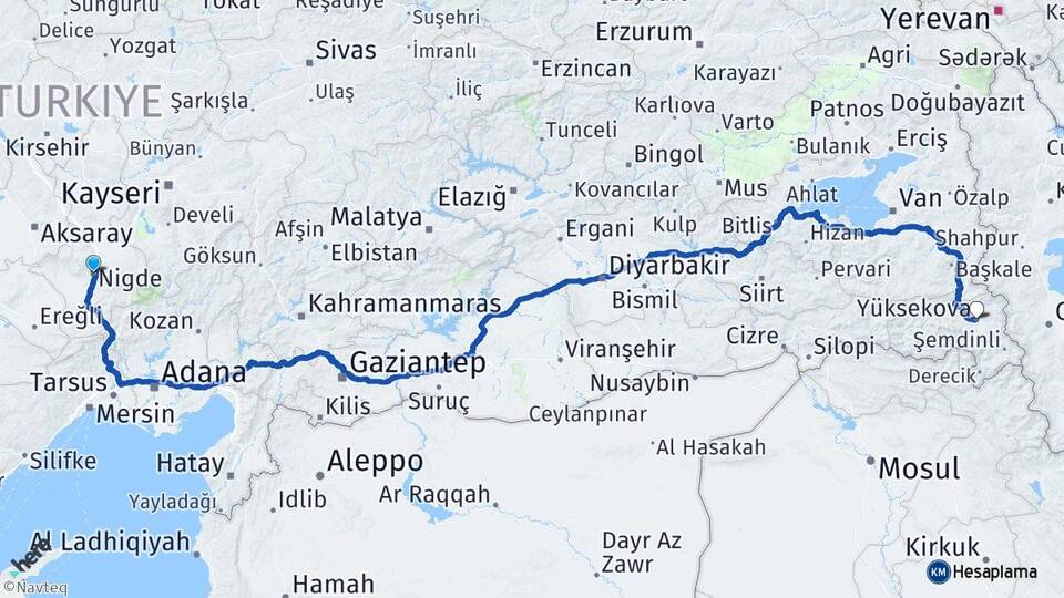 Niğde Yüksekova Hakkari Arası Kaç Km - Yol Haritası