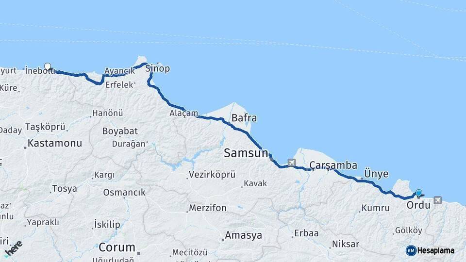 Ordu Abana Kastamonu Arası Kaç Km - Yol Haritası