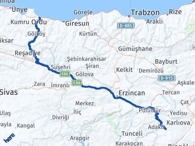 Ordu Adaklı Bingöl Arası Kaç Km - Yol Haritası