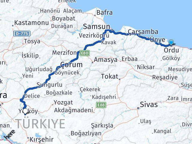 Ordu Akçakent Kırşehir Arası Kaç Km - Yol Haritası