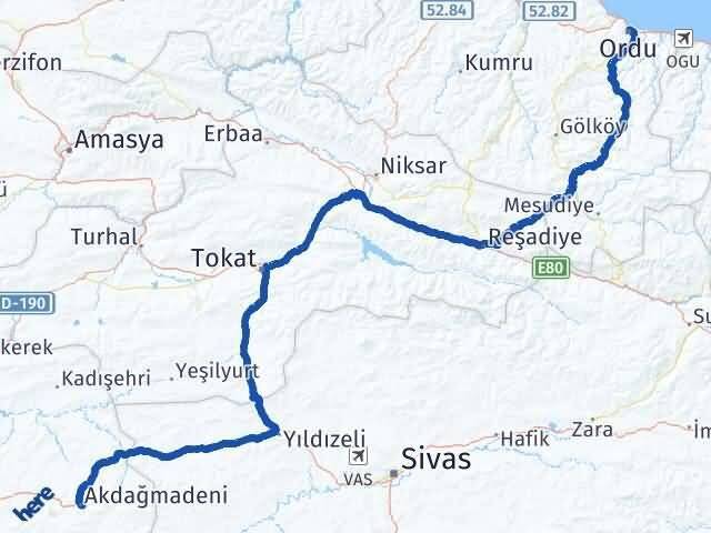 Ordu Akdağmadeni Yozgat Arası Kaç Km - Yol Haritası