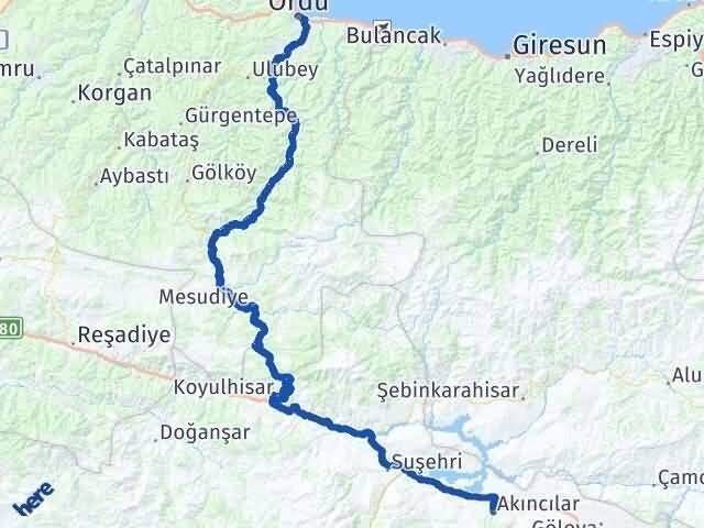 Ordu Akıncılar Sivas Arası Kaç Km - Yol Haritası