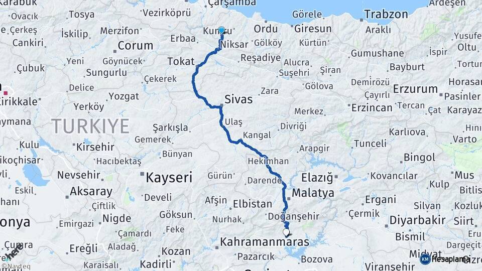 Ordu Akkuş Adıyaman Arası Kaç Km - Yol Haritası