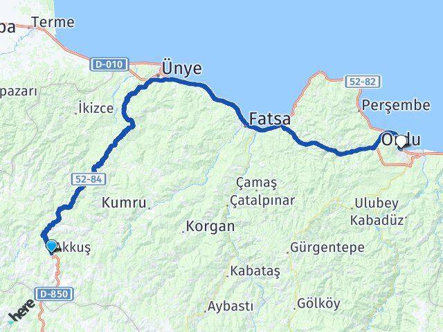 Ordu Akkuş Altınordu Arası Kaç Km - Yol Haritası