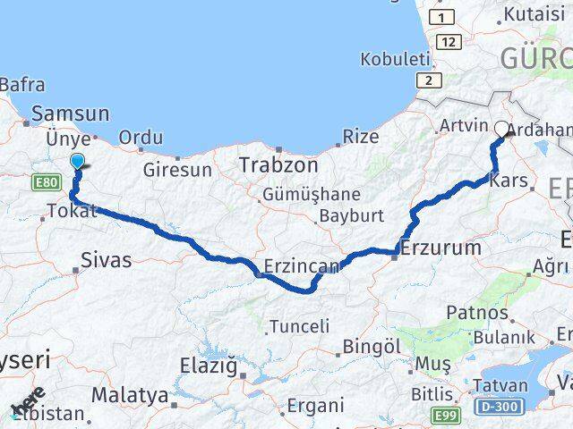 Ordu Akkuş Ardahan Arası Kaç Km - Yol Haritası