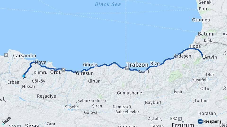 Ordu Akkuş Artvin Arası Kaç Km - Yol Haritası