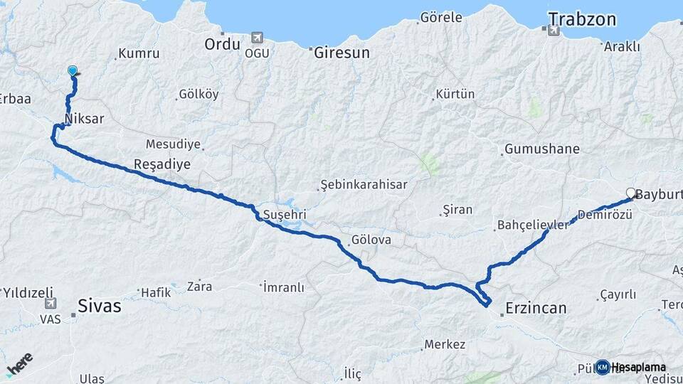 Ordu Akkuş Bayburt Arası Kaç Km - Yol Haritası