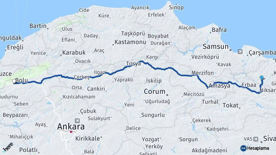 Ordu Akkuş Bolu Arası Kaç Km - Yol Haritası