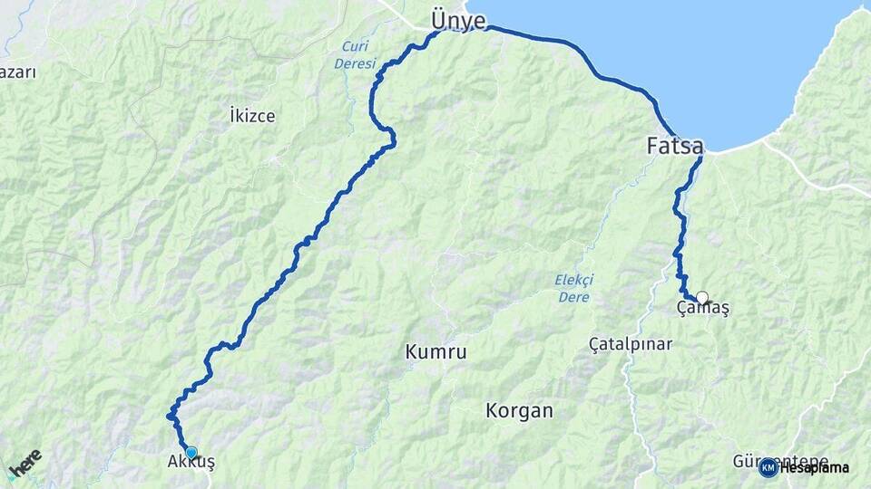 Ordu Akkuş Çamaş Arası Kaç Km - Yol Haritası