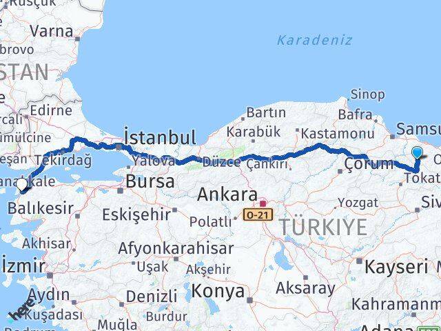Ordu Akkuş Çanakkale Arası Kaç Km - Yol Haritası