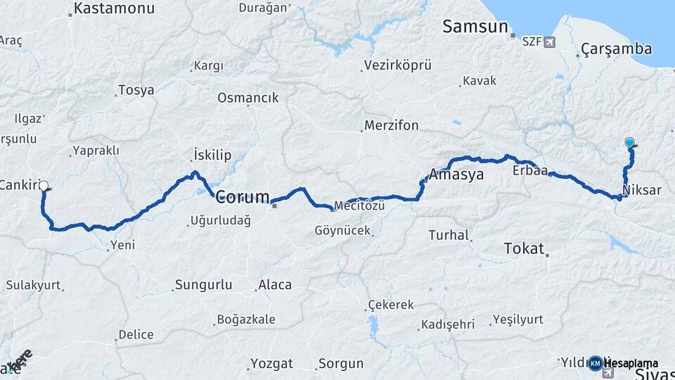 Ordu Akkuş Çankırı Arası Kaç Km - Yol Haritası