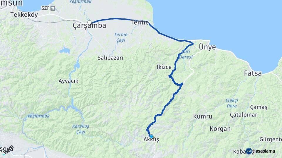Ordu Akkuş Çarşamba Samsun Arası Kaç Km - Yol Haritası