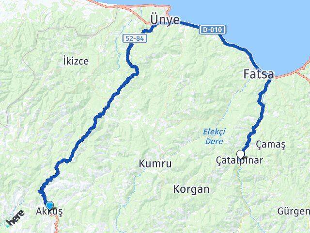 Ordu Akkuş Çatalpınar Arası Kaç Km - Yol Haritası