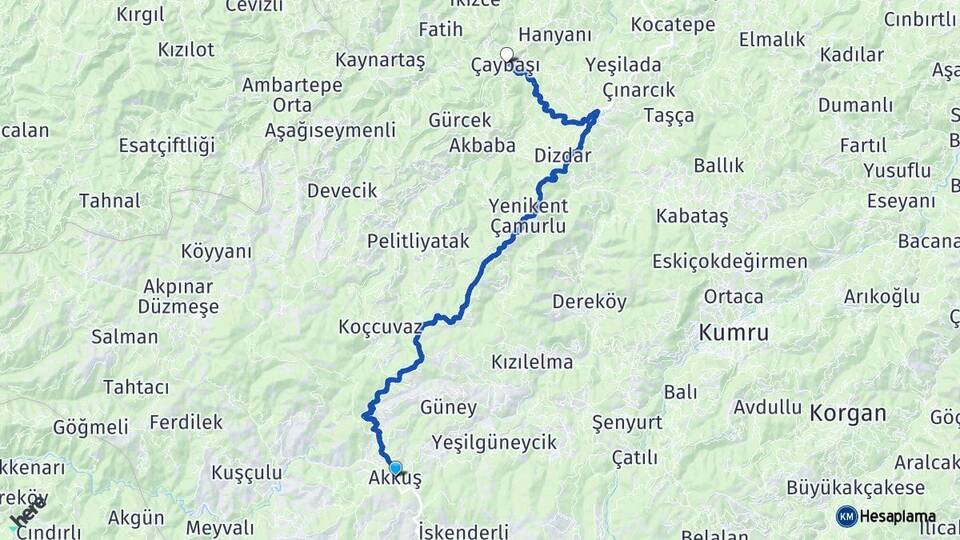 Ordu Akkuş Çaybaşı Arası Kaç Km - Yol Haritası