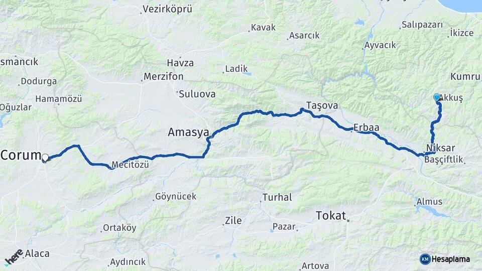 Ordu Akkuş Çorum Arası Kaç Km - Yol Haritası