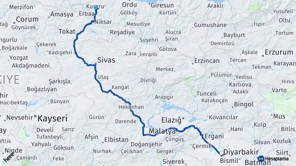 Ordu Akkuş Diyarbakır Arası Kaç Km - Yol Haritası