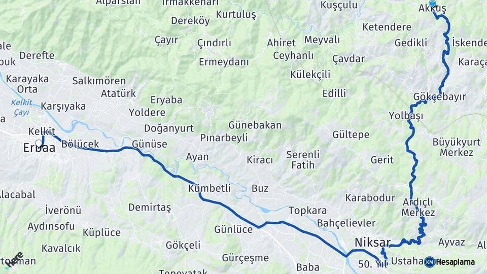 Ordu Akkuş Erbaa Tokat Arası Kaç Km - Yol Haritası