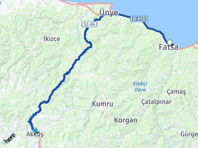 Ordu Akkuş Fatsa Arası Kaç Km - Yol Haritası