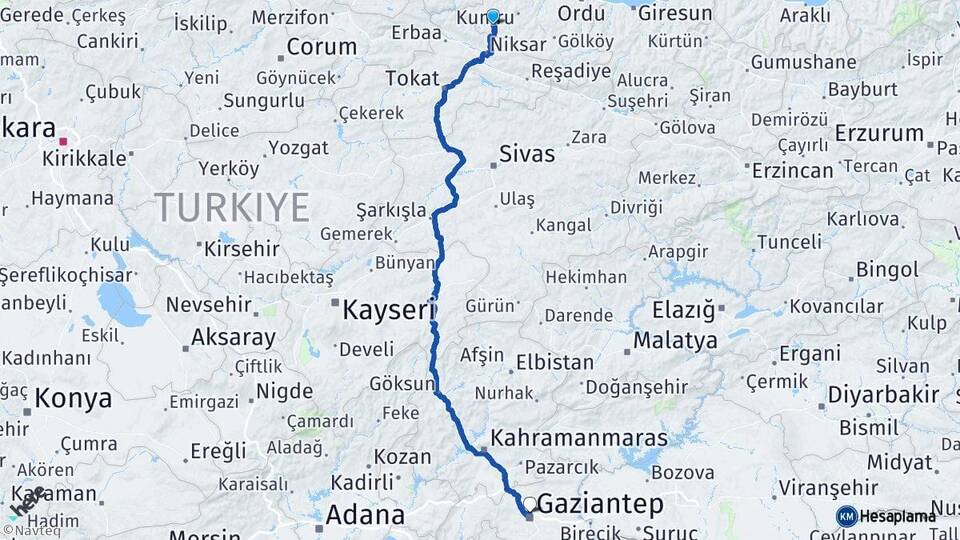 Ordu Akkuş Gaziantep Arası Kaç Km - Yol Haritası