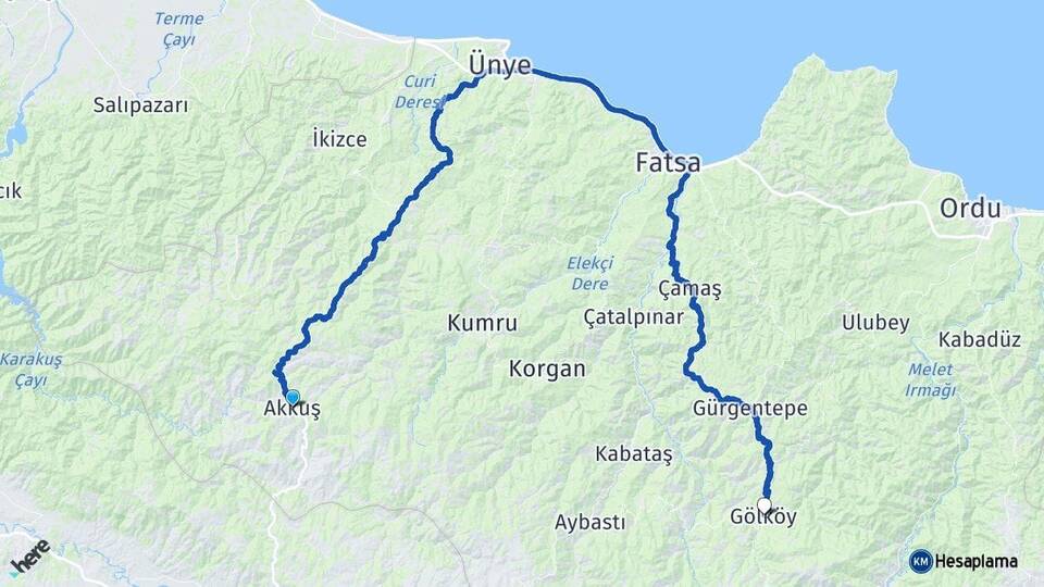 Ordu Akkuş Gölköy Arası Kaç Km - Yol Haritası