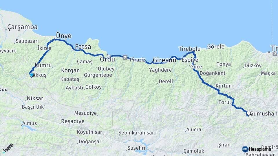 Ordu Akkuş Gümüşhane Arası Kaç Km - Yol Haritası