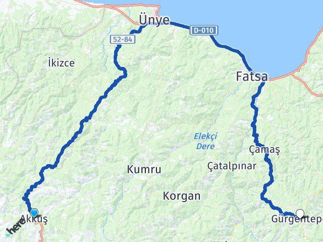 Ordu Akkuş Gürgentepe Arası Kaç Km - Yol Haritası