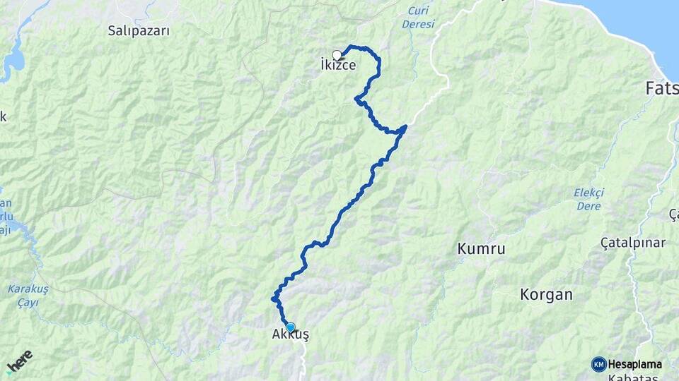 Ordu Akkuş İkizce Arası Kaç Km - Yol Haritası