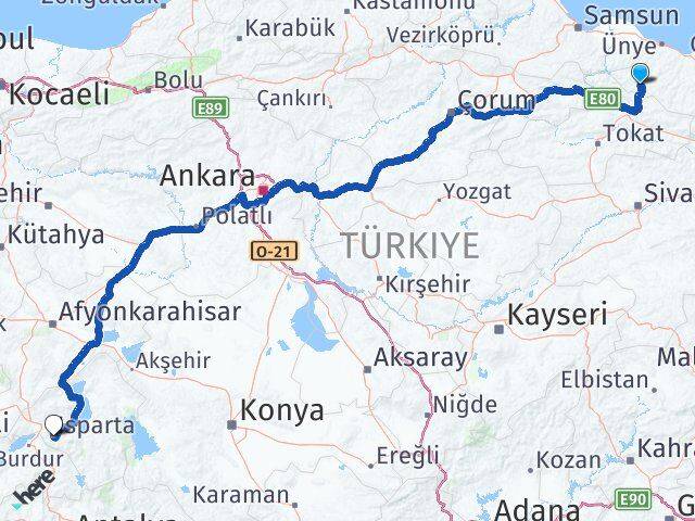 Ordu Akkuş Isparta Arası Kaç Km - Yol Haritası
