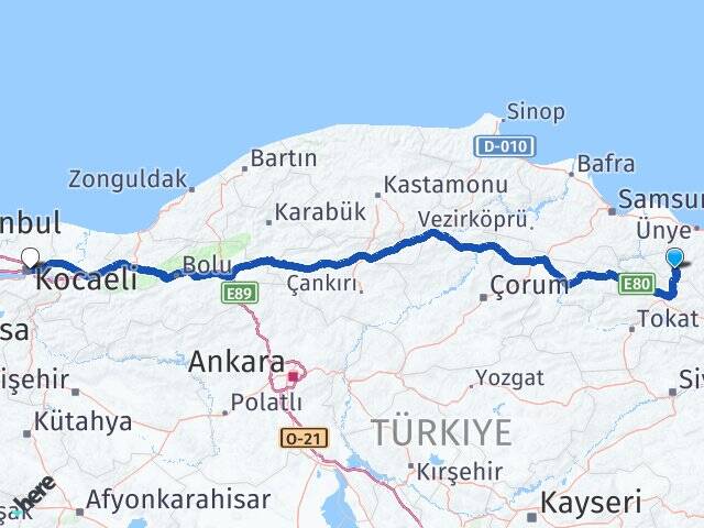 Ordu Akkuş İzmit Kocaeli Arası Kaç Km - Yol Haritası