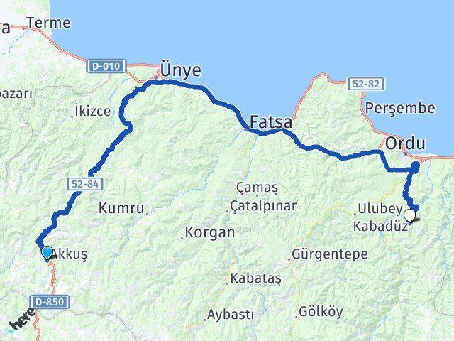 Ordu Akkuş Kabadüz Arası Kaç Km - Yol Haritası