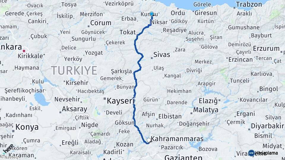 Ordu Akkuş Kahramanmaraş Arası Kaç Km - Yol Haritası