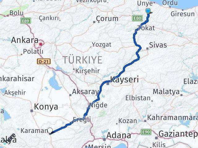 Ordu Akkuş Karaman Arası Kaç Km - Yol Haritası