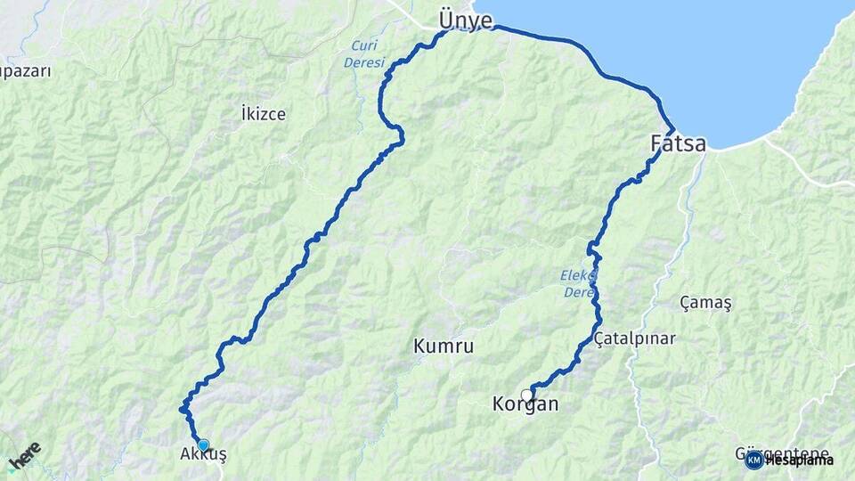 Ordu Akkuş Korgan Arası Kaç Km - Yol Haritası