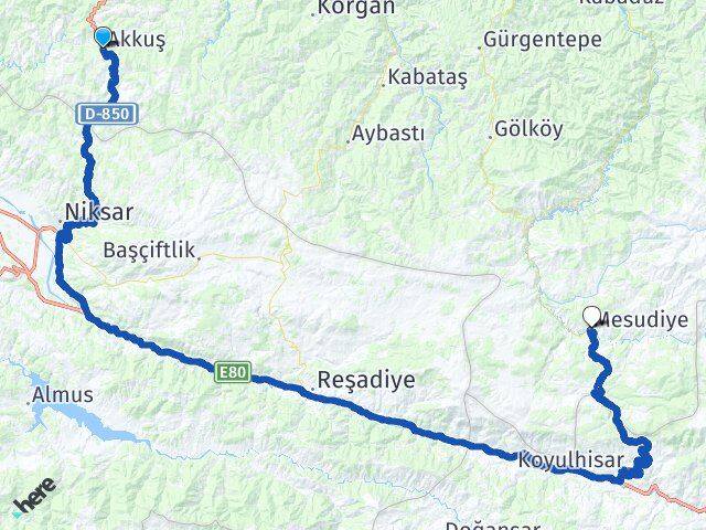 Ordu Akkuş Mesudiye Arası Kaç Km - Yol Haritası