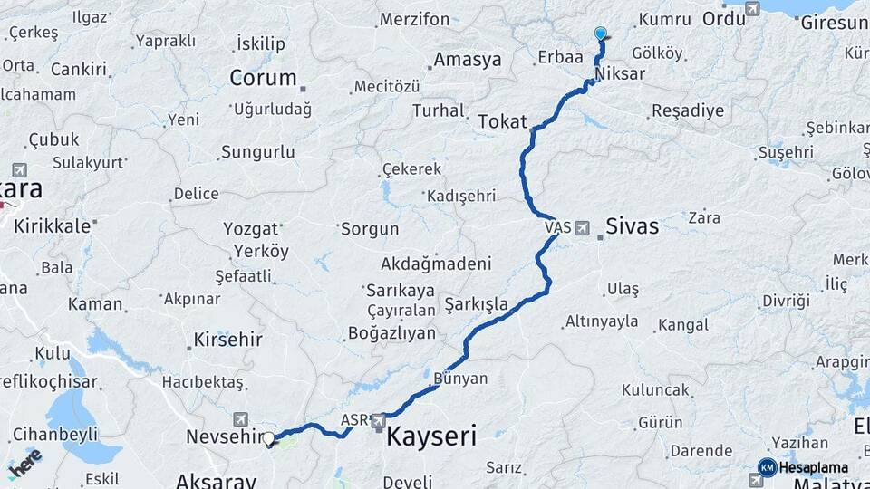 Ordu Akkuş Nevşehir Arası Kaç Km - Yol Haritası