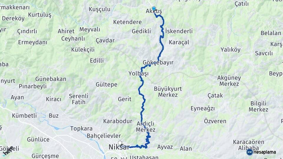 Ordu Akkuş Niksar Tokat Arası Kaç Km - Yol Haritası
